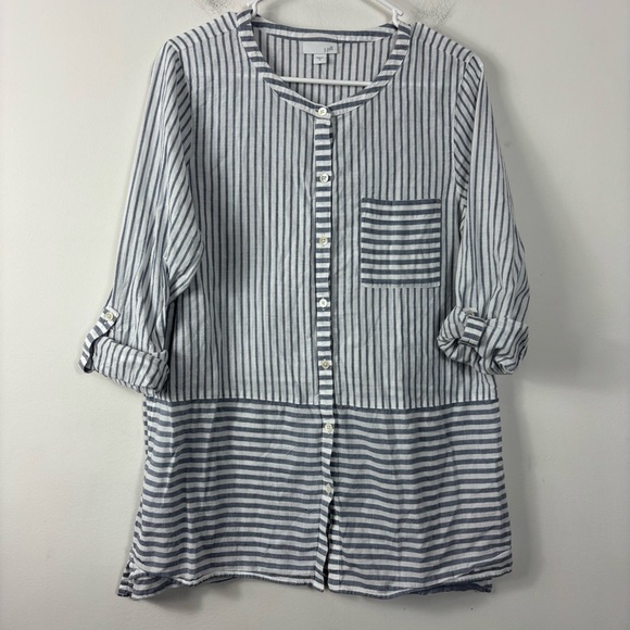 J. Jill Tops - J. Jill Striped Button Up Womens M Mixed Print Roll Tab Sleeve Coastal Beach